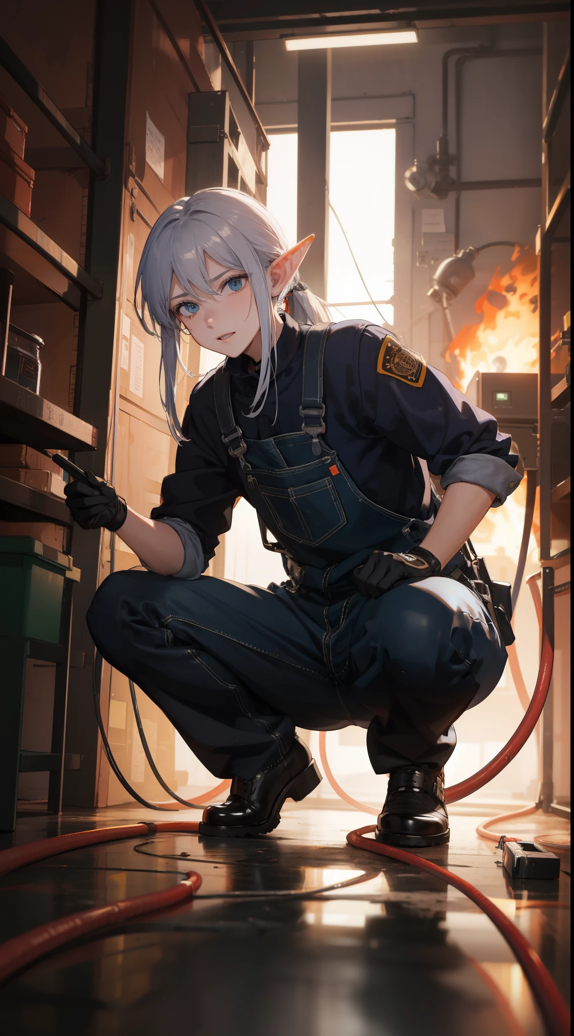 Masterpiece, best quality, super detailed, illustration, elf, 1girl, firefighter, solo, shiny, reflective, latex, overalls, sexy, body, squat, detailed, work shoes, fire dragon, messy, workshop, industrial, black, red, silver, metal, gloves, goggles, protection, equipment, machinery, tools, sparks, dirt, dirt, oil, stains, sweat, exhaust, pipes, meters, dials, buttons, levers, cables, wires, hydraulics, systems, Hydraulic presses, cranes, pulleys, welding, torchesRAW, 8K, UHD, candid, amateur, art style by Artgerm, by nine_(liuyuhao1992), by Yusuke Murata,