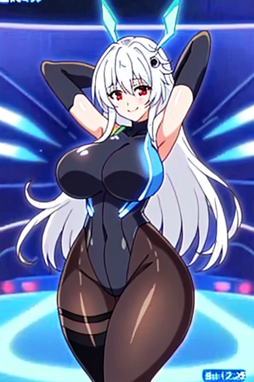 1girl, white hair, large breasts, breasts, thick thighs, wide hips, red eyes, bodysuit, black bodysuit, pantyhose, long hair, light smile, happy, science-fiction, tech, futuristic, black pantyhose, thighhighs, neon, machinery, hair ornament, ornament, neon trim, anime style, 2d, anime screencap, shoulder armor, blue neon trim, hip sway, swaying hips, bouncing breasts, arms behind back, hands behind head, arms behind head, arms up, me!me!me dance /(meme/)