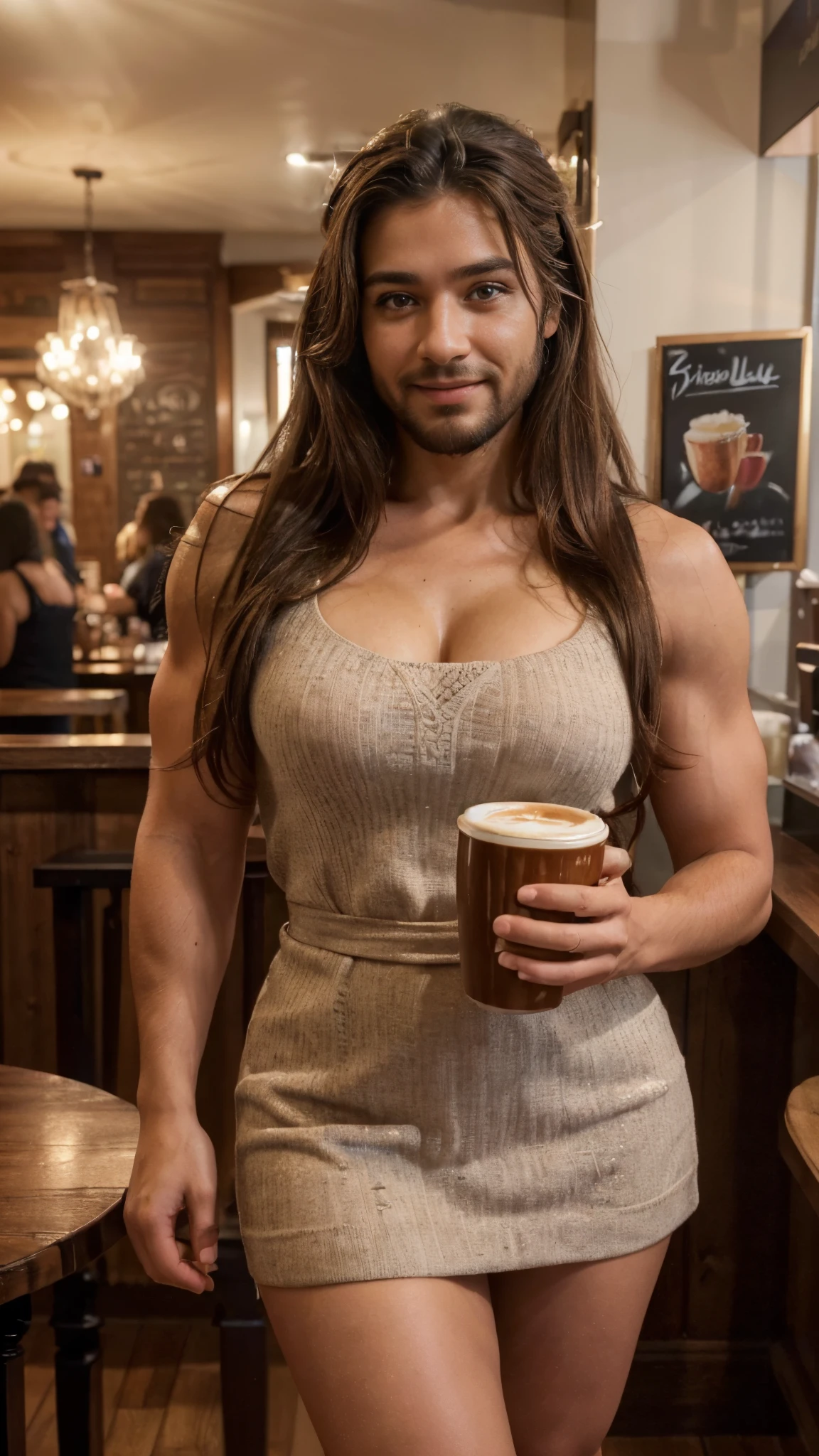 (best quality,4k,highres,ultra-detailed,realistic:1.37),vibrant portrait,beautiful cafe worker lady with a beard,long beautiful hair,manly chiseled muscular arms,expressive eyes,lovely smile,stylish outfit,confident stance,coffee cup,cozy atmosphere,artistic lighting,rich color palette,bokeh