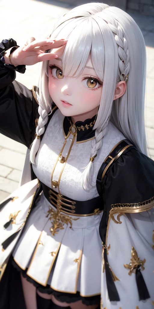 best quality, masterpiece,white hair, gold eyes,white clothes, looking up, upper body,hair strand,Fair skin,side braids