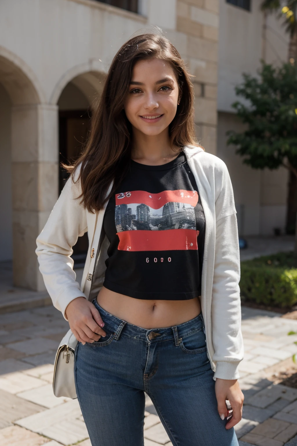 ((La mejor calidad)), ((Obra maestra)), (Detallado), Mujer, 20 years old, brown hair, Mujer europea, Cuerpo completo en la foto, sonriente, Beautiful, fresco, cabello realista, Pose discreta, Ojos europeos, Estructura media, dedos perfectos, manos perfectas, sudadera negra, jeans cortos