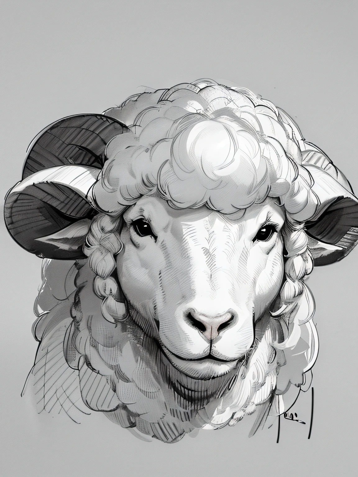 Line drawing background, white backgrounid, Mono Color, a line drawing, ((a sketch)),Sheep portrait，