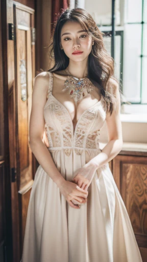 (best quality,highres,masterpiece:1.2),ultra-detailed,(realistic,photorealistic,photo-realistic:1.37),standing pose, happy woman in a luxury dress,beautiful detailed eyes,beautiful detailed lips,professional studio lighting,young Asian woman,high-end fashion,beautiful smile,confident posture,pink dress,upper body shot,long black hair,big eyes,luxurious background,exquisite jewelry,graceful pose, full body