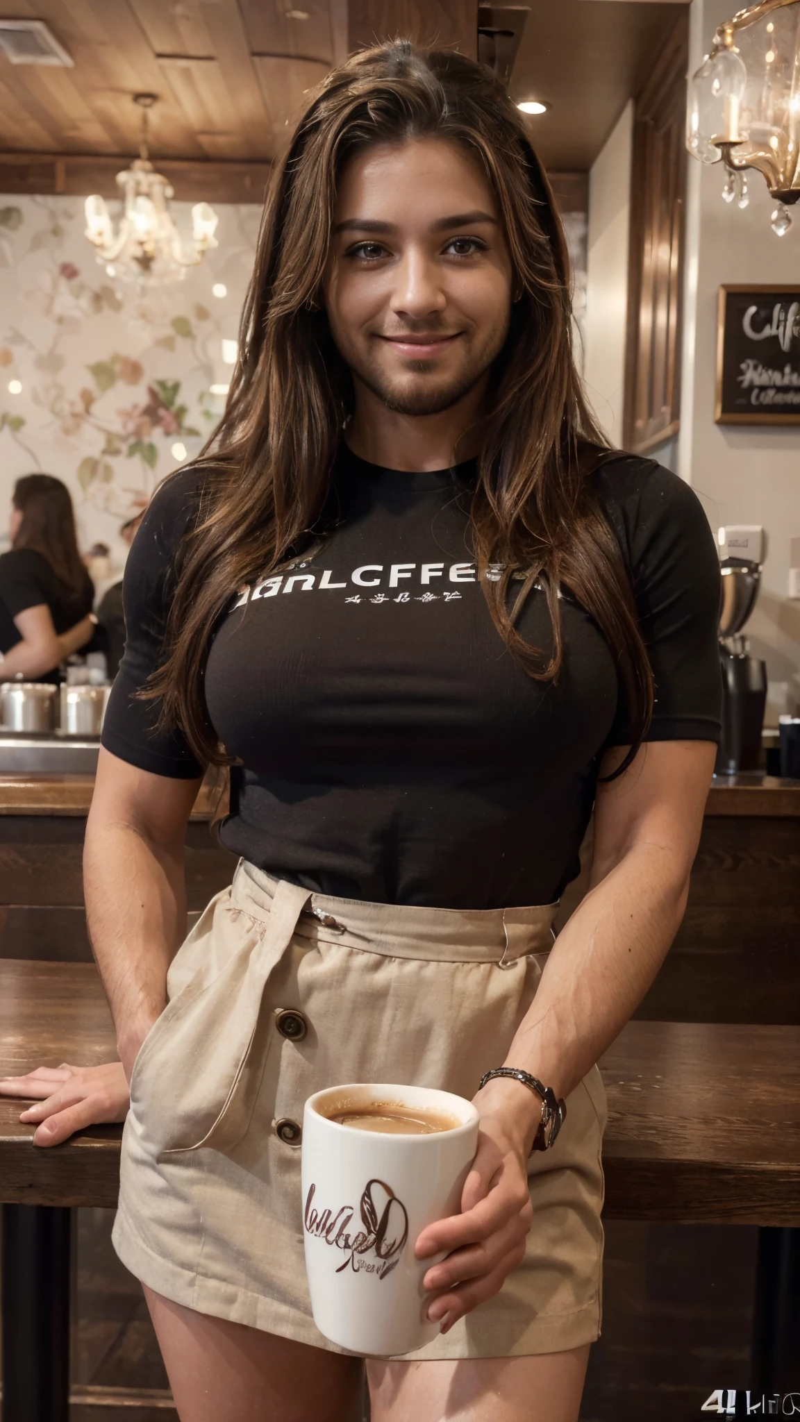 (best quality,4k,highres,ultra-detailed,realistic:1.37),vibrant portrait,beautiful cafe worker lady with a beard,long beautiful hair,manly chiseled muscular arms,expressive eyes,lovely smile,stylish outfit,confident stance,coffee cup,cozy atmosphere,artistic lighting,rich color palette,bokeh