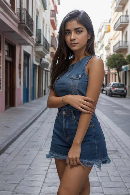 Award winning picture, Masterpiece, intricate details, (photorealistic), sharp picure, trending on artstation, Jasmine, denim jacket, leotard, thigh highs, cute tween girl, in the street