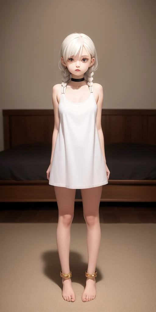 standing straight symmetrical, full body on bed barefeet, best quality, masterpiece,white hair, gold eyes,white clothes, looking up, hair strand, Fair skin,side braids, big knockers, choker on neck, shackles on legs and arms,