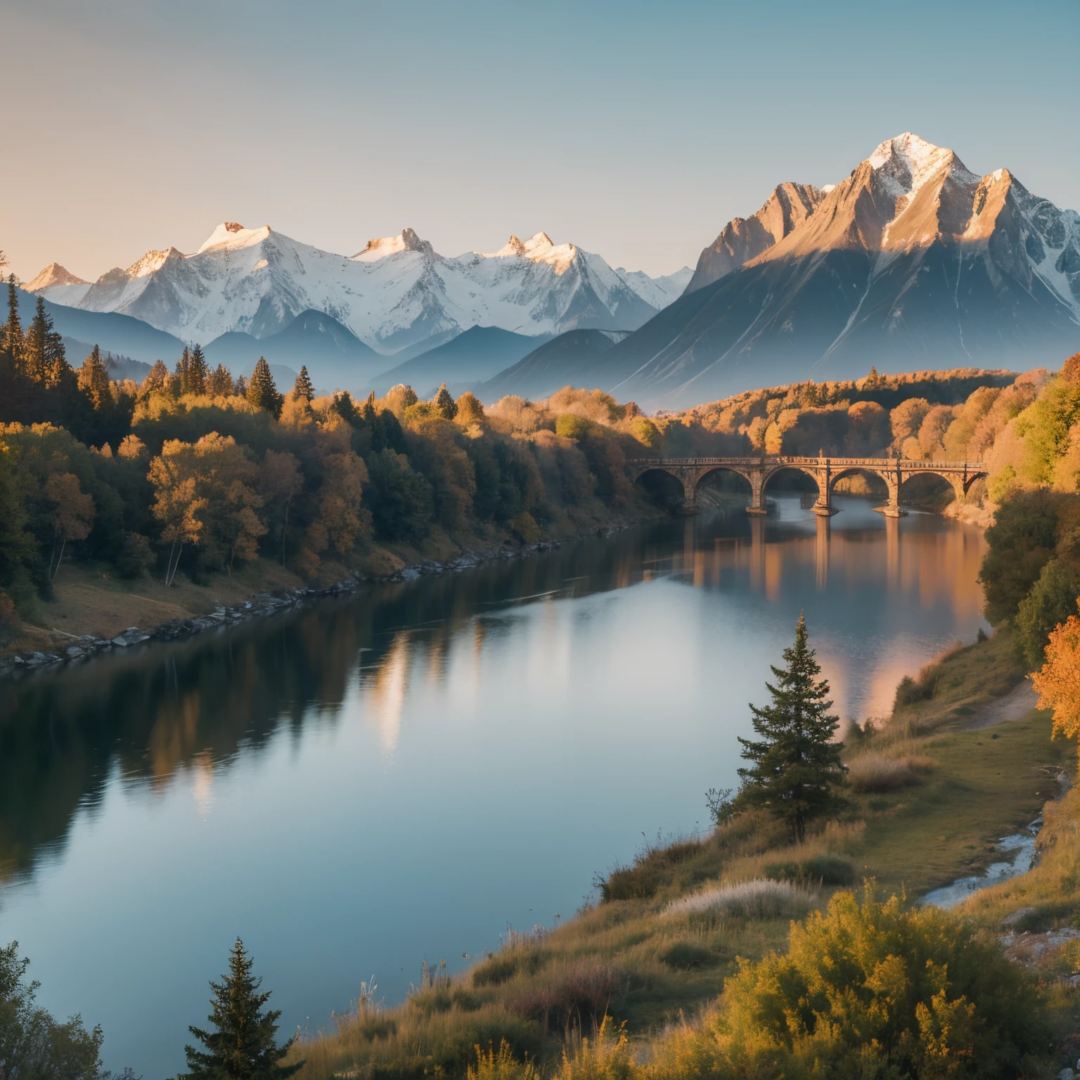 Magnificent mountains and rivers with bridges,Horizontal chart