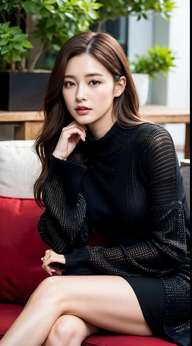dark brown hair、Light brown eyes、The face of the Japan actress、adult lady、Looks like he's about 40 years old、(intricate-detail:1.2)、(top-quality:1.4)、 (超A high resolution:1.2)、超A high resolution、(A detailed eye)、(detailed facial features)、nffsw、8K resolution、moderately sized udder、She is wearing a warm long-sleeved black dress.I'm wearing a skirt that doesn't show my knees.、A loose knit dress、length hair、I'm sitting comfortably on a sofa on the terrace of a crisp cafe.、Relaxing、leaning against the backrest、