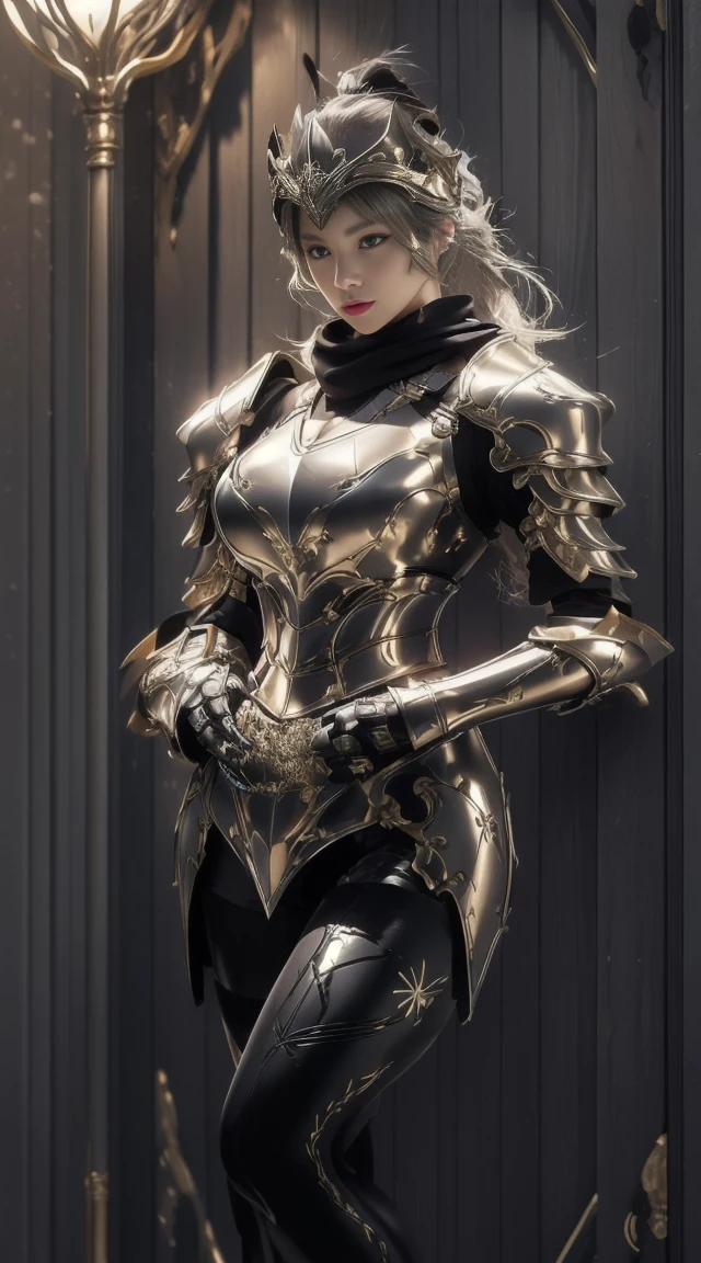 (masterpiece, best quality, extremely detailed 8k, ultra hd, ultra-detailed, highly detailed, highly realistic, ultra-realistic, photo realistic), (1girl:1.5), (detailed realistic skin), (realistic big breasts), (sexy lipstick), slender abs, Female knight in sexy clothes, wearing sexy armor, wearing pantyhose floral motif, the armor on the chest are also open showing a lot of cleavage, the chest is big and Solid, big thighs, showing the whole body, slim waist, hair tied back, serious facial expression targeting the enemy, elegant, erotic, wearing a flowing black scarf, h cup bust size, very big boobs, cleavage, background korean city at night, ponytail hair, Monochrome lighting, Dark and bright lighting, lighting under the lights, wearing pantyhose.