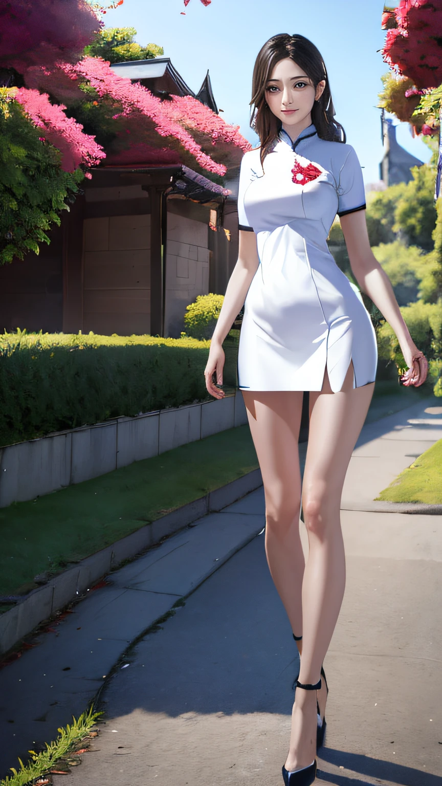 (Hyper-realistic 8k CG:1.2),Perfect artwork,((tmasterpiece)), ((Best quality)), (looking at viewert:1.1),(extremly intricate:1.2), (Full body lesbian: 1.2), 1 Lady (Alone: 1.1), Standing on the crystal clear seaside,Cold and beautiful face, Skin as white and smooth as pearls, long, slick hair, eBlue eyes, Slender and flexible body, Slim fit silk cheongsam,(symetrical eyes,no eye circles,pretty eyes),symmetrical hands,Slender and beautiful hands,perfect hand,Fingers turn white,(Perfectly symmetrical body),looking at viewert,exposing thighs,white and thin,wearing high heels