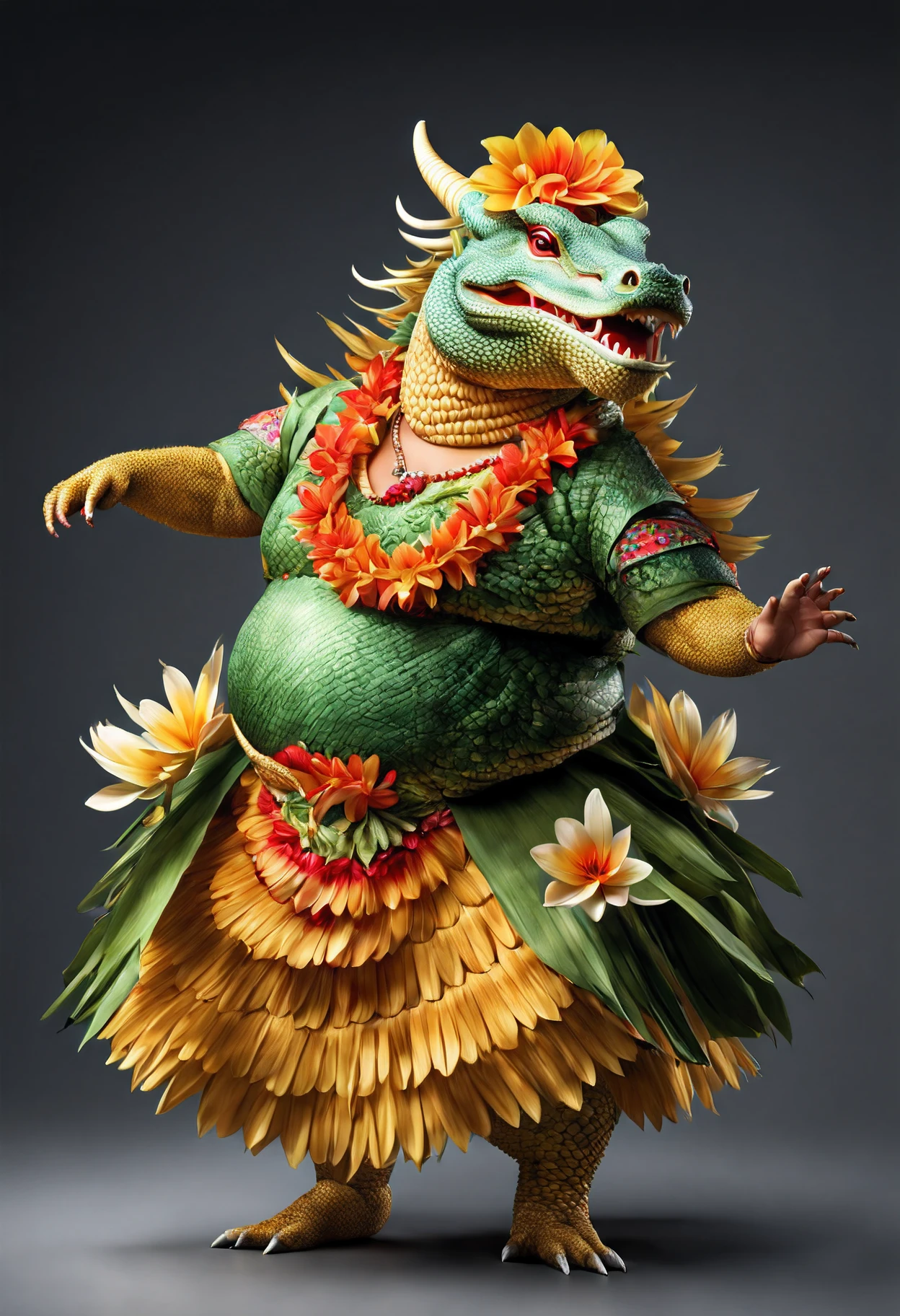 photorealistic portrait of Dressed animals - a fat dragon hula dancer,(dancing), high quality,(lovely) intricate details highly detailed hula costume ,flower lay, studio lighting,(full body image:1.5)