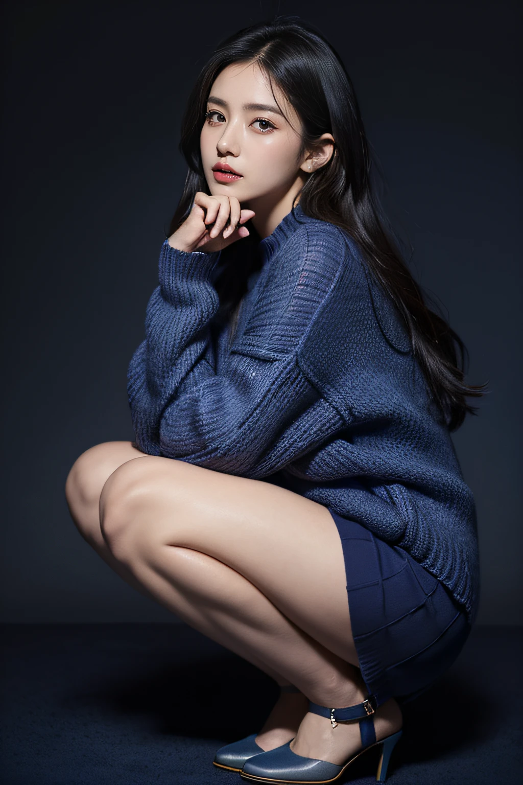An arafe woman wearing a blue sweater and purple skirt is squatting, a portrait by Juan O'Gorman, Tumbler, Digital Art, Blue sweater, Dark blue, 2 female model, edited, stunn, in a navy blue sweater, Blue clothes, beautiful image, rendered, blue clothing, Blue, Dark blue clothes, Purple, wearing an oversized sweater