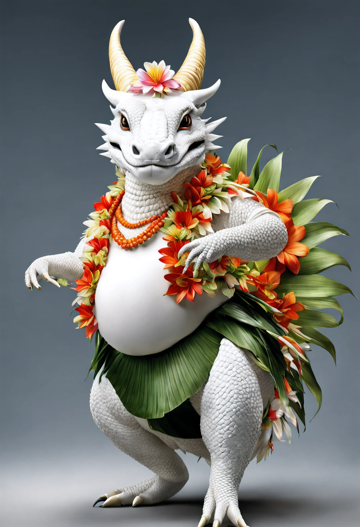 photorealistic portrait of Dressed animals - a fat white dragon hula dancer,(dancing), high quality,(lovely) intricate details highly detailed hula costume ,flower lay, studio lighting,(full body image:1.5)