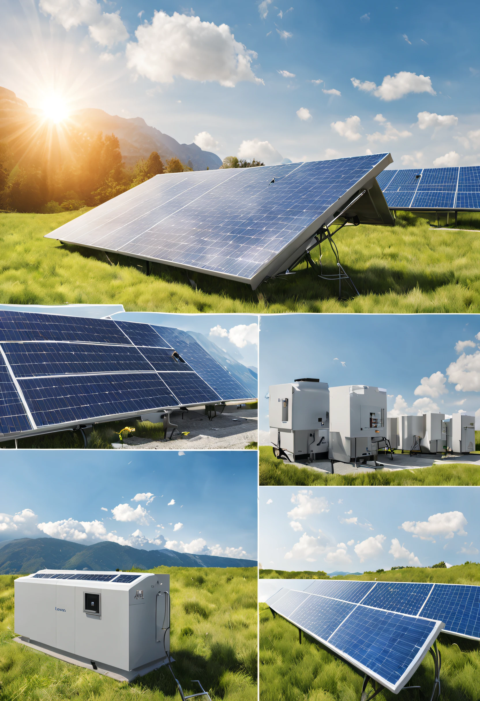 Promotional image containing all components of a solar photovoltaic system,The main colors are white and sky blue,The picture is clear,Be realistic,Naturalness