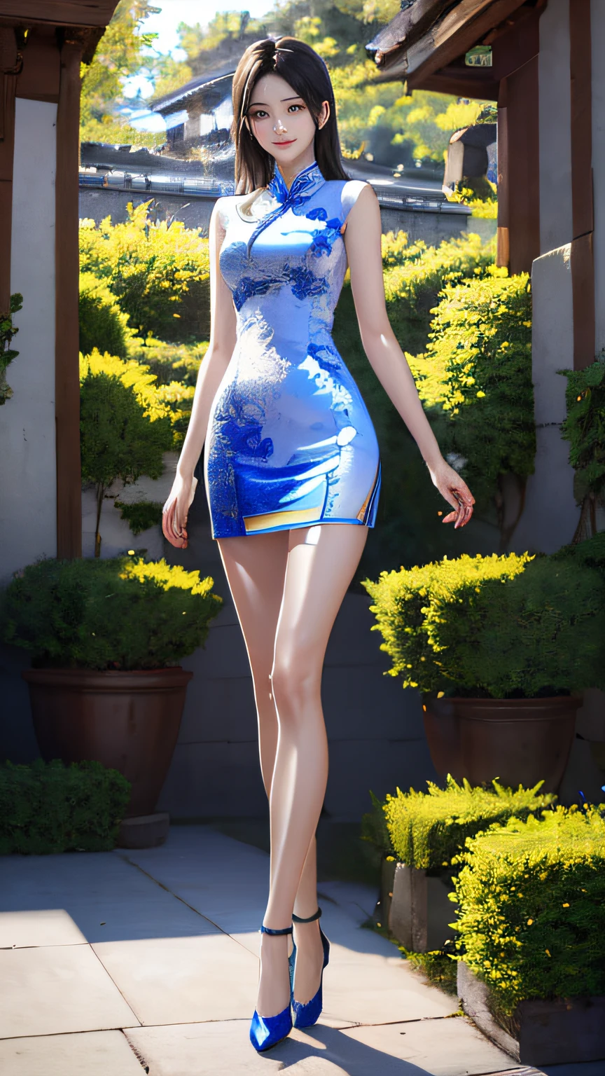 (Hyper-realistic 8k CG:1.2),Perfect artwork,((tmasterpiece)), ((Best quality)), (looking at viewert:1.1),(extremly intricate:1.2), (Full body lesbian: 1.2), 1 Lady (Alone: 1.1), Standing on the crystal clear seaside，Cold and beautiful face, Skin as white and smooth as pearls, long, slick hair, eBlue eyes, Slender and flexible body, Slim fit silk cheongsam，（symetrical eyes，no eye circles，pretty eyes），symmetrical hands，Slender and beautiful hands，perfect hand，Fingers turn white，（Perfectly symmetrical body），looking at viewert，exposing thighs，white and thin，wearing high heels