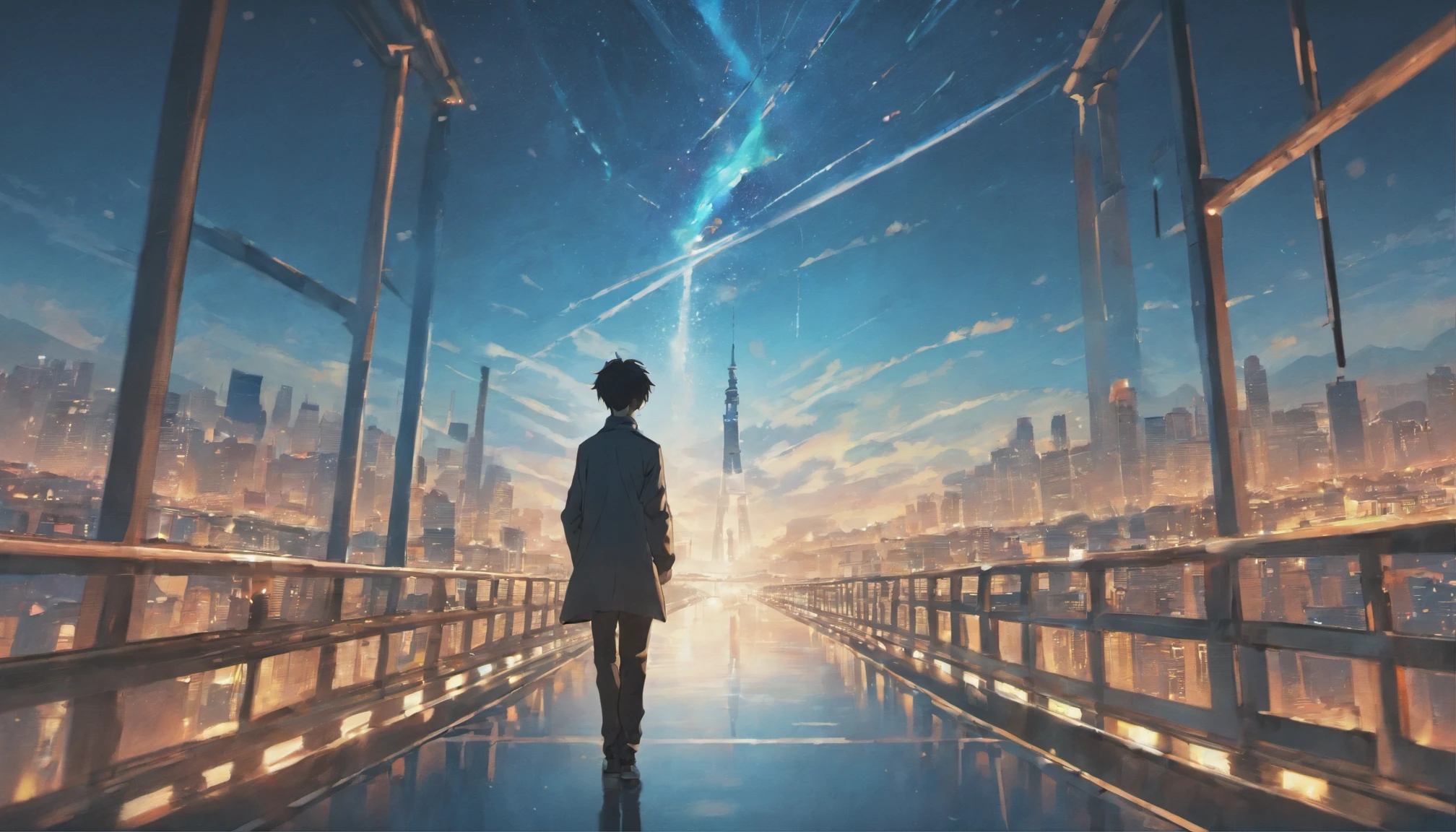 long straight road,Mysterious atmosphere、The light at the end of a straight road,A black-haired young man walking there,ultra wide-angle,Composition seen from above,posterior view,Best Quality, Anime man walking on a bridge with the city in the background, by Cyril Rolando, cosmic sky. anime style 4 k,male people,1 persons,Young men,I can see the sky