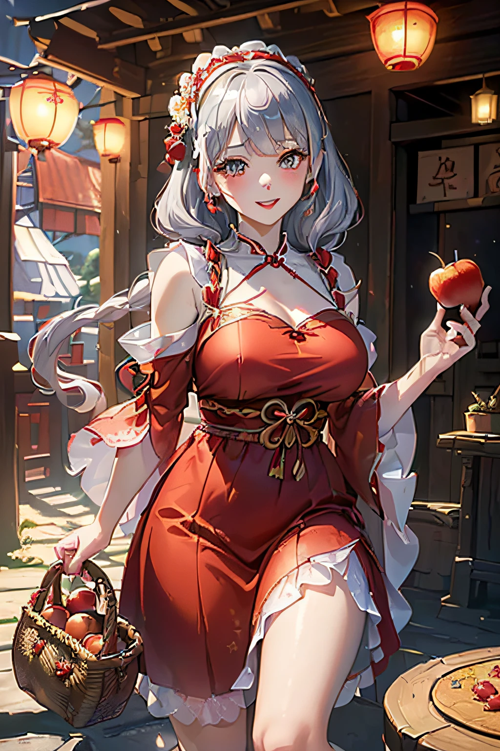 (ukiyoe painting:1.3),(3D Animation:1.3),(Fantasy style costumes),(Grimm fairy tale world),(Little Red Riding Hood,Little Red Riding Hood,red riding hood:1.3),(farmhouse entrance:1.3),(red little red riding hood:1.3),(((Red Tunic:1.3))),(((apples and bread in the basket),Cute and beautiful girl,Cute round face,Cute smile,with blush cheeks,Red Lip,(silver white hair,Floral braided headband,half up、Floral Braided Space Van,Voluminous Fishtail Braids,Twisted chignon,),(Bangs are see-through bangs),hair pin,hair adornments,detailed clothes features,Detailed hair features,detailed facial features,(Dynamic angles),(Dynamic and sexy poses),clothes that emphasize big breasts,Cinematic Light,(masutepiece,top-quality,Ultra-high resolution output image,depth of fields,intricate detailes,Make the subject look three-dimensional with the contrast of light and shadow,) ,(The 8k quality,Anatomically accurate facial structure,),(Sea Art 2 Mode:1.3),(Image Mode Ultra HD,)