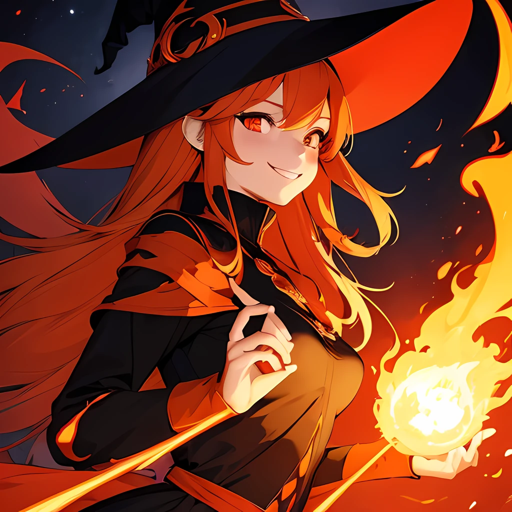 (masutepiece, Best Quality),((Flat color)), 1 girl , Witch Girl, pixiv style, Detailed beautiful eyes, Small breasts, Smile , fire element,loimu, Dynamic