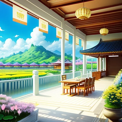、beautifly、amazing landscape、with blue sky and white clouds、flower、Chii、、The lotus flowers,garden,vila,city,region,Yellow Temple、a paradise、a chair、a bed、Smoke、Fluttering Flag、Indoor, Red carpet,canopy,thai style,Resort、springtime、full bloom、flat land、celestial realm、Yellow roof、safety、railing、Serene