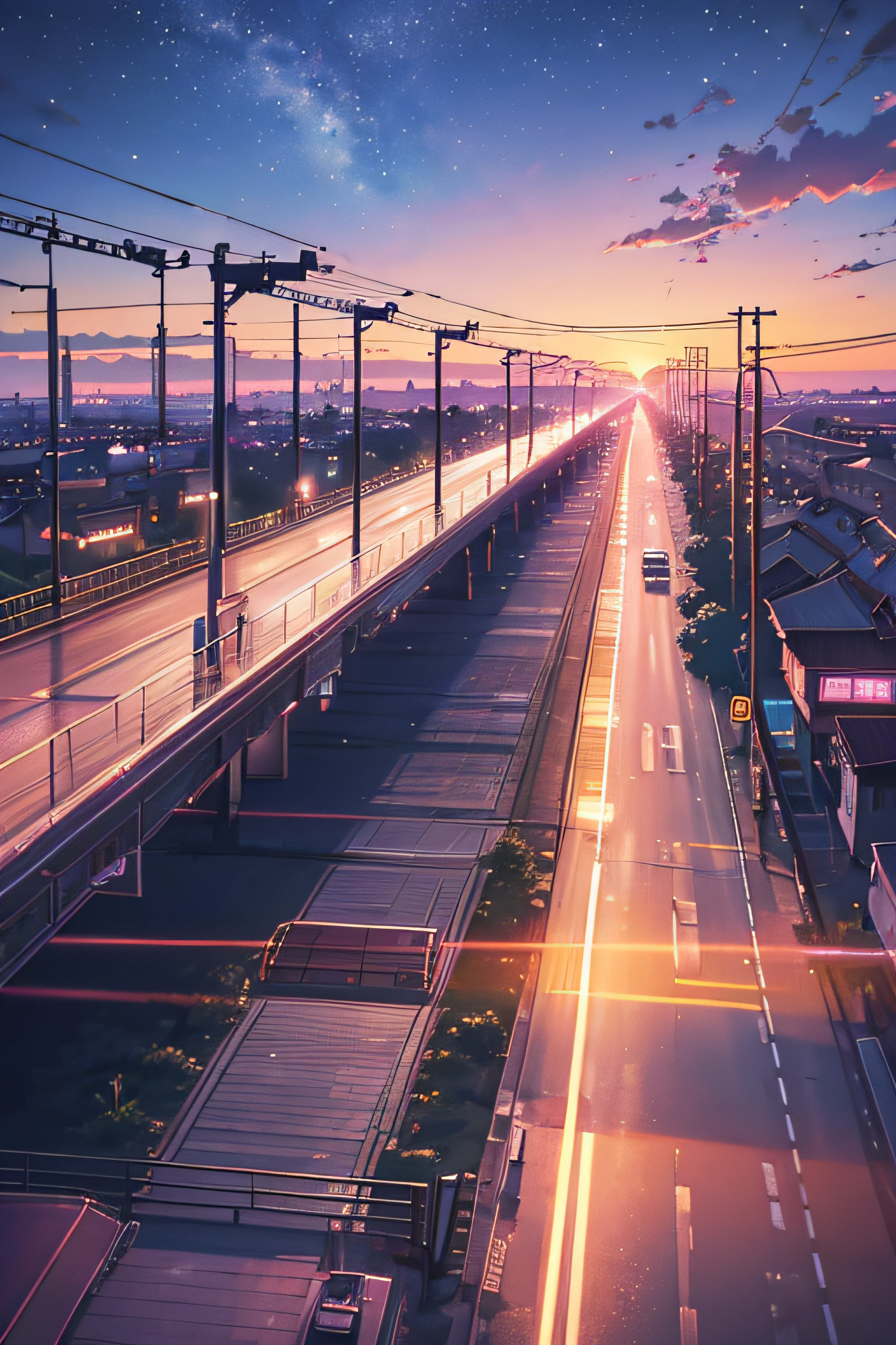 Anime scene with train passing under pink and purple sky, anime drawing by Makoto Shinkai, trending on pixiv, magic realism, beautiful anime scene, cosmic sky. by makoto shinkai, ( ( makoto shinkai ) ), by makoto shinkai, anime background art, makoto shinkai style. Detail enhancement, perfect detail processing.