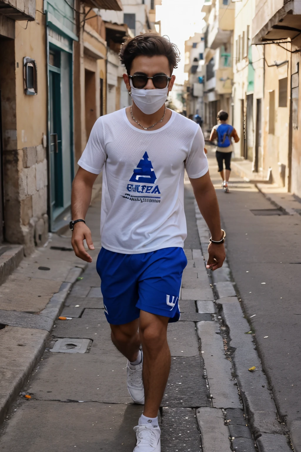 um menino de vestimentas usadas em israel correndo por um vilarejo