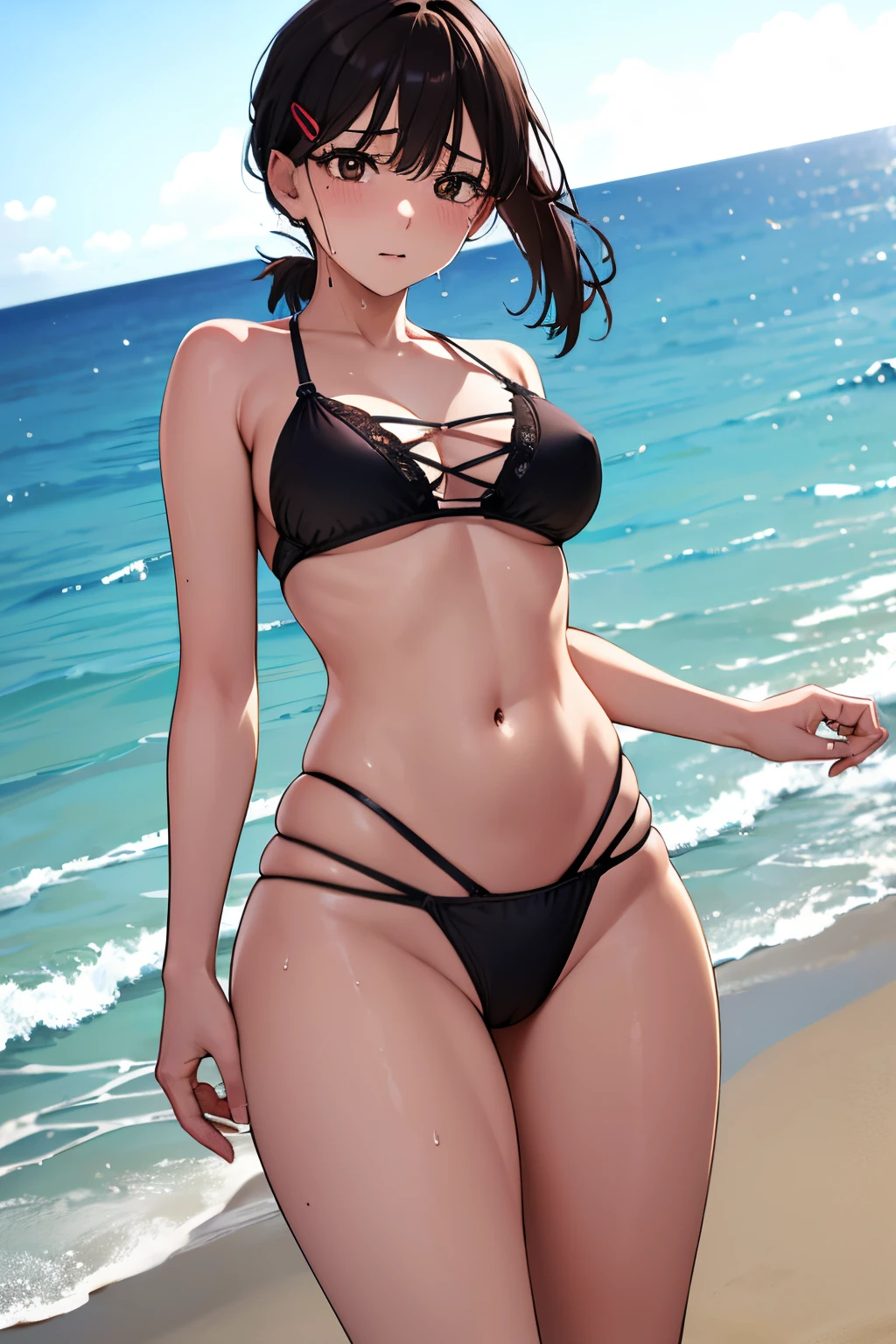 1girl, alone, kobeni higashiyama, black hair, hair ornament, hair clip, mole, mole under the eye, ponytail, short hair, (brown eyes: 1.5), (bikini:1.2), medium breasts, medium waist, wide hips, wide thighs, big butt, bare, exposed skin, (wet skin:1.2), (looking back:1.2), black bikini, black bra, black thong, (Mar:1.2), Beach, (Solar:1.2), looking at viewer, pov (from below) (Masterpiece:1.2), Best Quality, High Resolution, Unity 8K Wallpaper, (Artwork:0.8), (Beautiful Detailed Eyes:1.6), Extremely Detailed Face, Perfect Lighting, Extremely Detailed CG, (Perfect Hands, Perfect anatomy), embarrassed, seductive posture