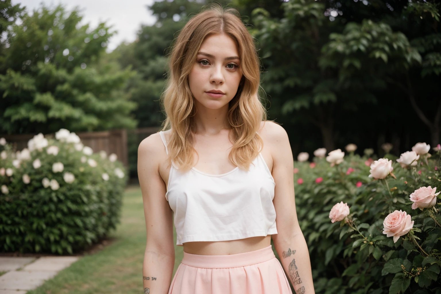 8K, RAW photogr, Fuji Film, Stylized photo of a beautiful young woman Avril Lavigne in a garden with light pink roses (highlydetailed skin: 1.2) Style-petalBREAK short hair, Blonde hair with colored locks, in a skirt, Film granulation, 35mm, cute-style
