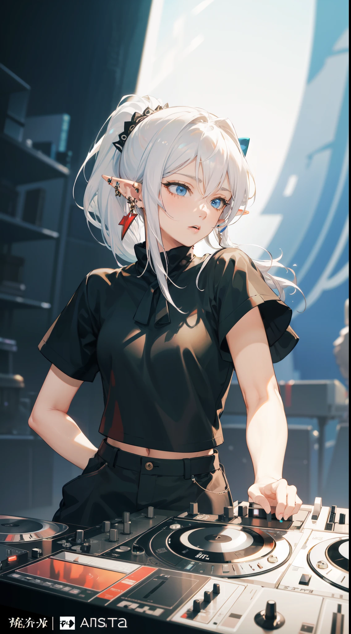 (masterpiece), (best quality), (ultra detailed), (illustration), Concept Art, Cinematic Lighting, Elf as DJ player, (elf), (1girl), beautiful detailed eyes, deep blue eyes, delicate beautiful face, Expressive face, (white hair, short ponytail), Cargo Pants and Tank Top, Various accessories, (ear piercing), punky style, stage, (depth of field:1.2), (blurry background:1.2), art style by Yusuke Murata, by Artgerm, by nine_(liuyuhao1992)
