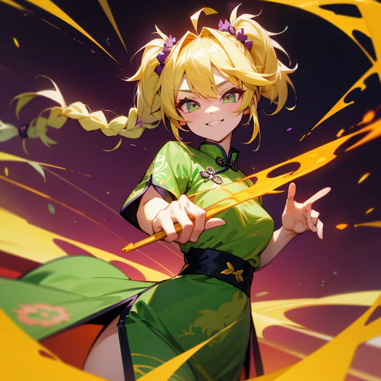 a beauty girl,Blonde twin tails and braids,Ahoge,The eyes are mainly green with some purple mixed in.,The green cheongsam has a dragon pattern,Flame background,Mahjong Table,Vtuber,Two-dimensional girl,Inappropriate smile,