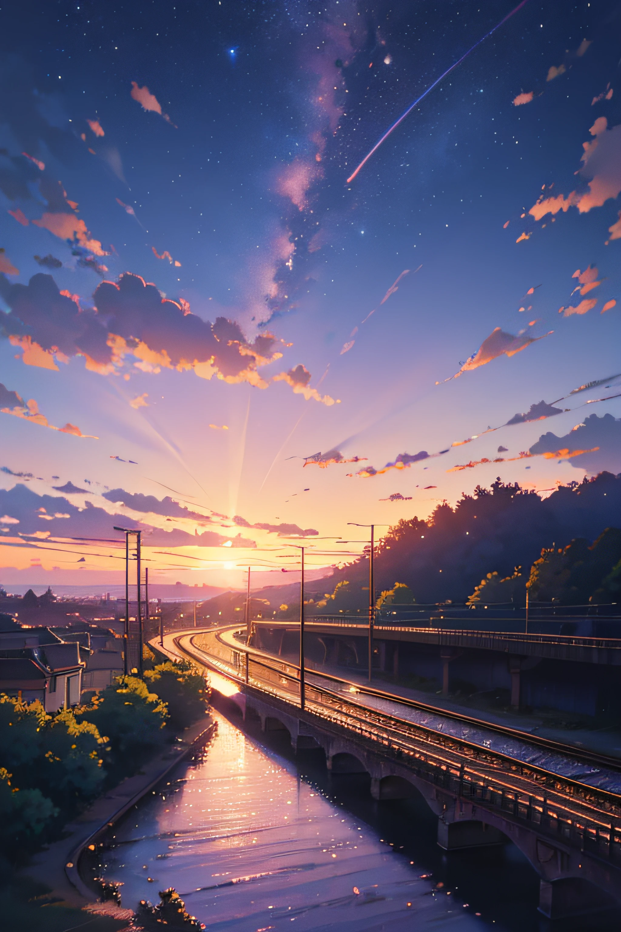 Anime scene with train passing under pink and purple sky, anime drawing by Makoto Shinkai, trending on pixiv, magic realism, beautiful anime scene, cosmic sky. by makoto shinkai, ( ( makoto shinkai ) ), by makoto shinkai, anime background art, makoto shinkai style. Detail enhancement, perfect detail processing.