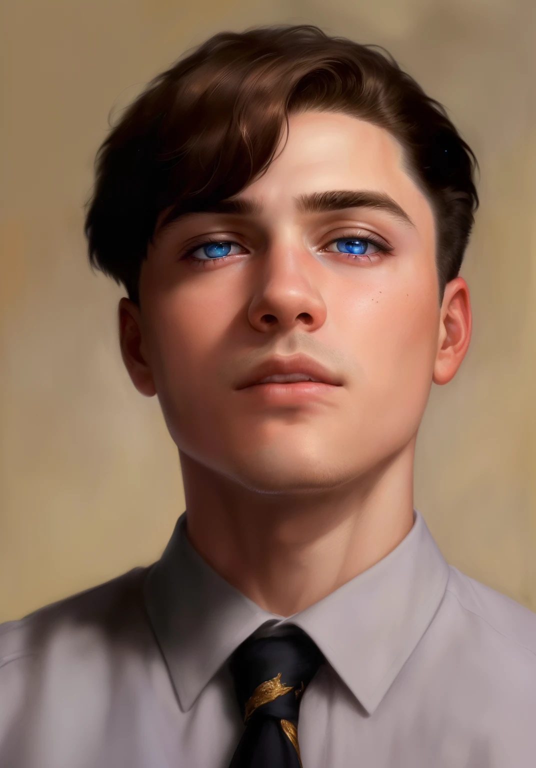 (best quality, 4k, 8k, high resolution, masterpiece: 1.2), ultra detailed, (realistic, photorealistic, photorealistic: 1.37), man headshot, around 14 years old, short hair on top of his head, with no beard, looking focused, headshot profile picture, looking at the camera, clean shaven wide face, blue eyes