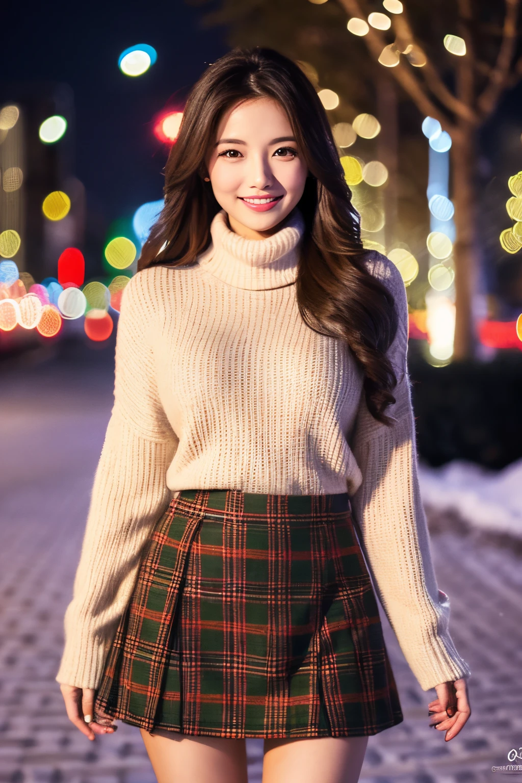 Masterpiece, top quality, high resolution, amazingly beautiful woman, unsexy winter fashion, wearing turtleneck sweater, black plaid skirt, straight hair, small breasts, natural color lips, smile, Christmas night Cityscape, gorgeous Christmas tree illumination background, looking at camera, full body shot,