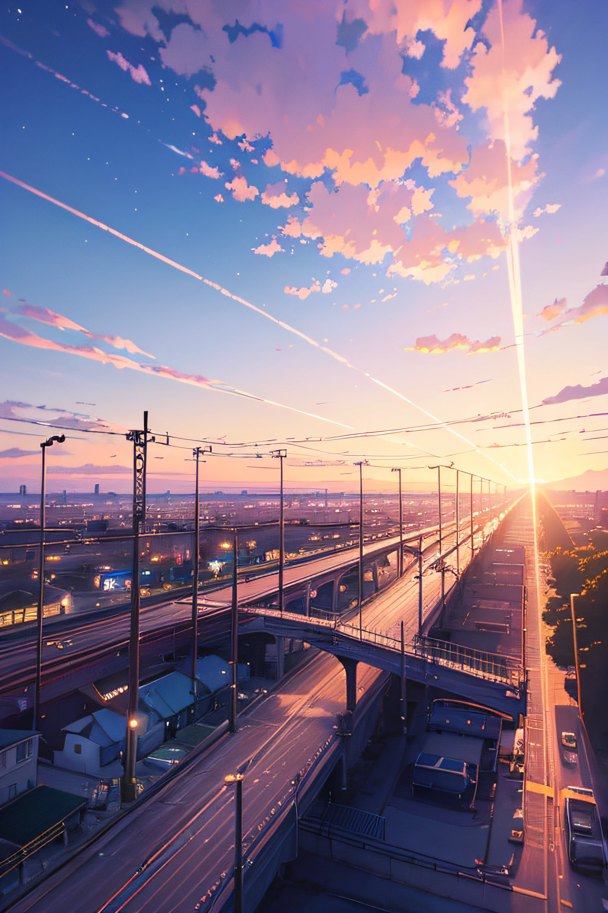 Anime scene with train passing under pink and purple sky, anime drawing by Makoto Shinkai, trending on pixiv, magic realism, beautiful anime scene, cosmic sky. by makoto shinkai, ( ( makoto shinkai ) ), by makoto shinkai, anime background art, makoto shinkai style. Detail enhancement, perfect detail processing.