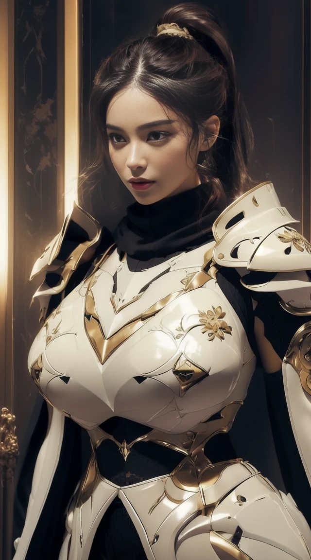 (masterpiece, best quality, extremely detailed 8k, ultra hd, ultra-detailed, highly detailed, highly realistic, ultra-realistic, photo realistic), (1girl:1.5), (detailed realistic skin), (realistic big breasts), (sexy lipstick), slender abs, Female knight in sexy clothes, wearing sexy armor, wearing pantyhose floral motif, the armor on the chest are also open showing a lot of cleavage, the chest is big and Solid, big thighs, showing the whole body, slim waist, hair tied back, serious facial expression targeting the enemy, elegant, erotic, wearing a flowing black scarf, h cup bust size, very big boobs, cleavage, background korean city at night, ponytail hair, Monochrome lighting, Dark and bright lighting, lighting under the lights, wearing pantyhose.