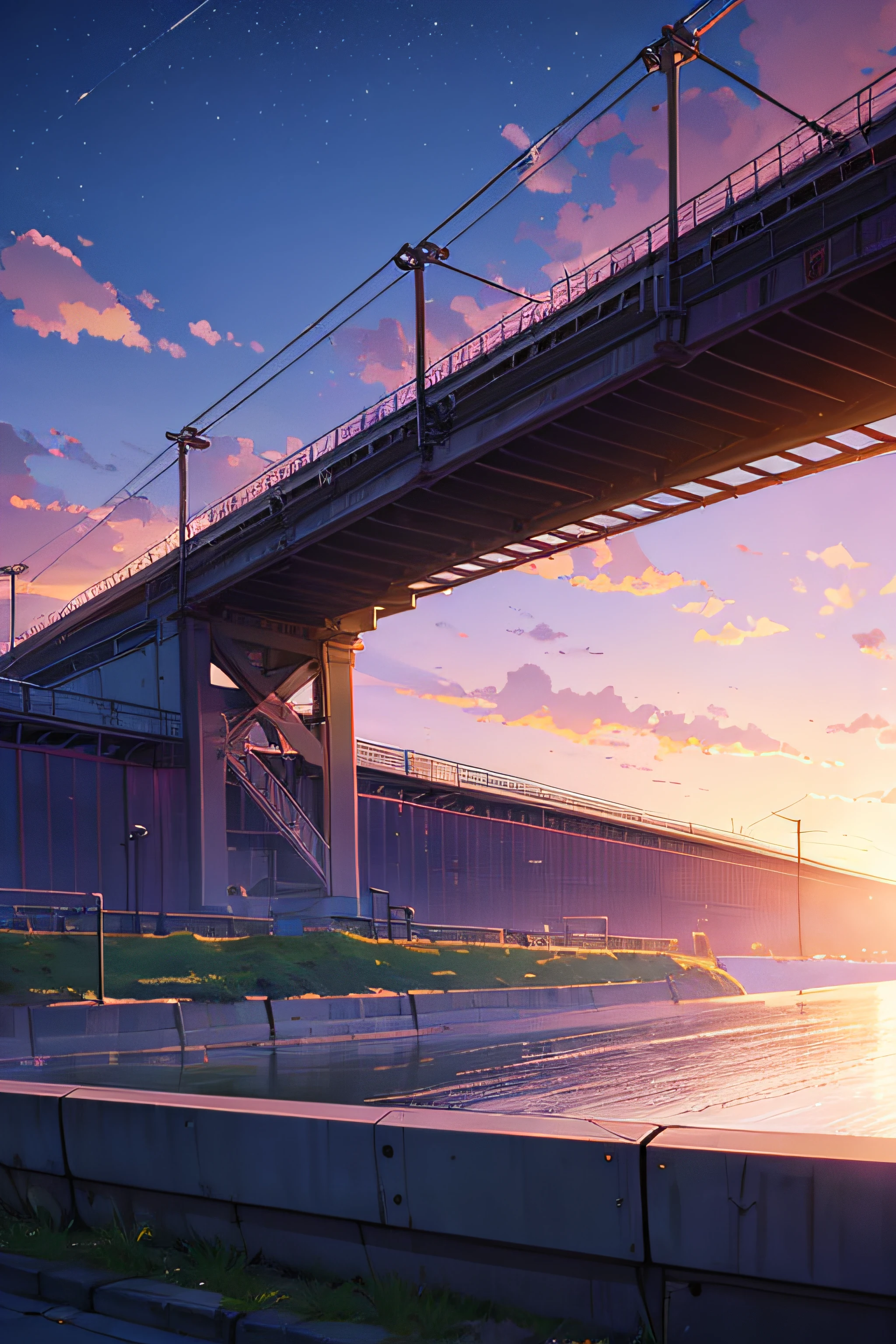 Anime scene with train passing under pink and purple sky, anime drawing by Makoto Shinkai, trending on pixiv, magic realism, beautiful anime scene, cosmic sky. by makoto shinkai, ( ( makoto shinkai ) ), by makoto shinkai, anime background art, makoto shinkai style. Detail enhancement, perfect detail processing.