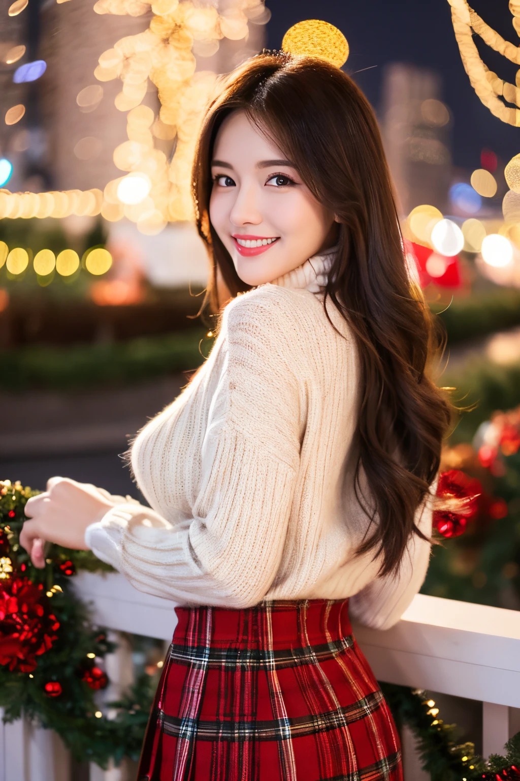 Masterpiece, top quality, high resolution, amazingly beautiful woman, unsexy winter fashion, wearing turtleneck sweater, red plaid skirt, straight hair, small breasts, natural color lips, smile, Christmas night Cityscape, gorgeous Christmas tree illumination background, looking at camera, full body shot,