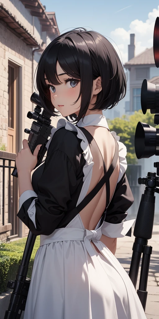 masterpiece, best quality, ultra-detailed, extremely-detailed, 2girls, cute, '((Short black hair girl and long blonde hair girl))', maid, maid apron, '(sniper rifle)', looking through scope, taking aim, Sniper and observer, combination, prone shooting, roof of mansion,