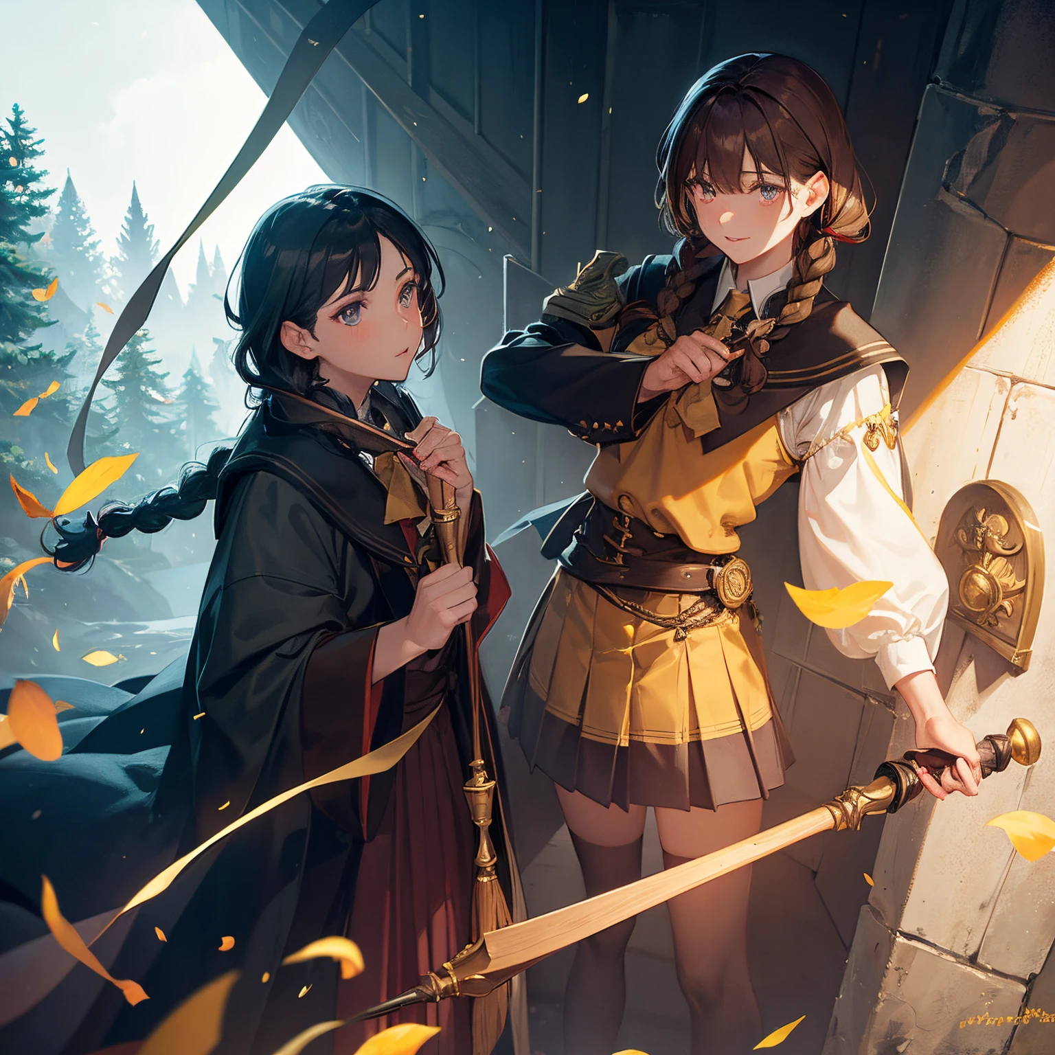 A female hufflepuff holding a cherry wood wand in her hand. She has shoulder length dark brown hair tied into a braid, pale skin, bright amber eyes, pale skin, a mole on the bottom left side of her left eye, and a screech owl perched on her right shoulder.