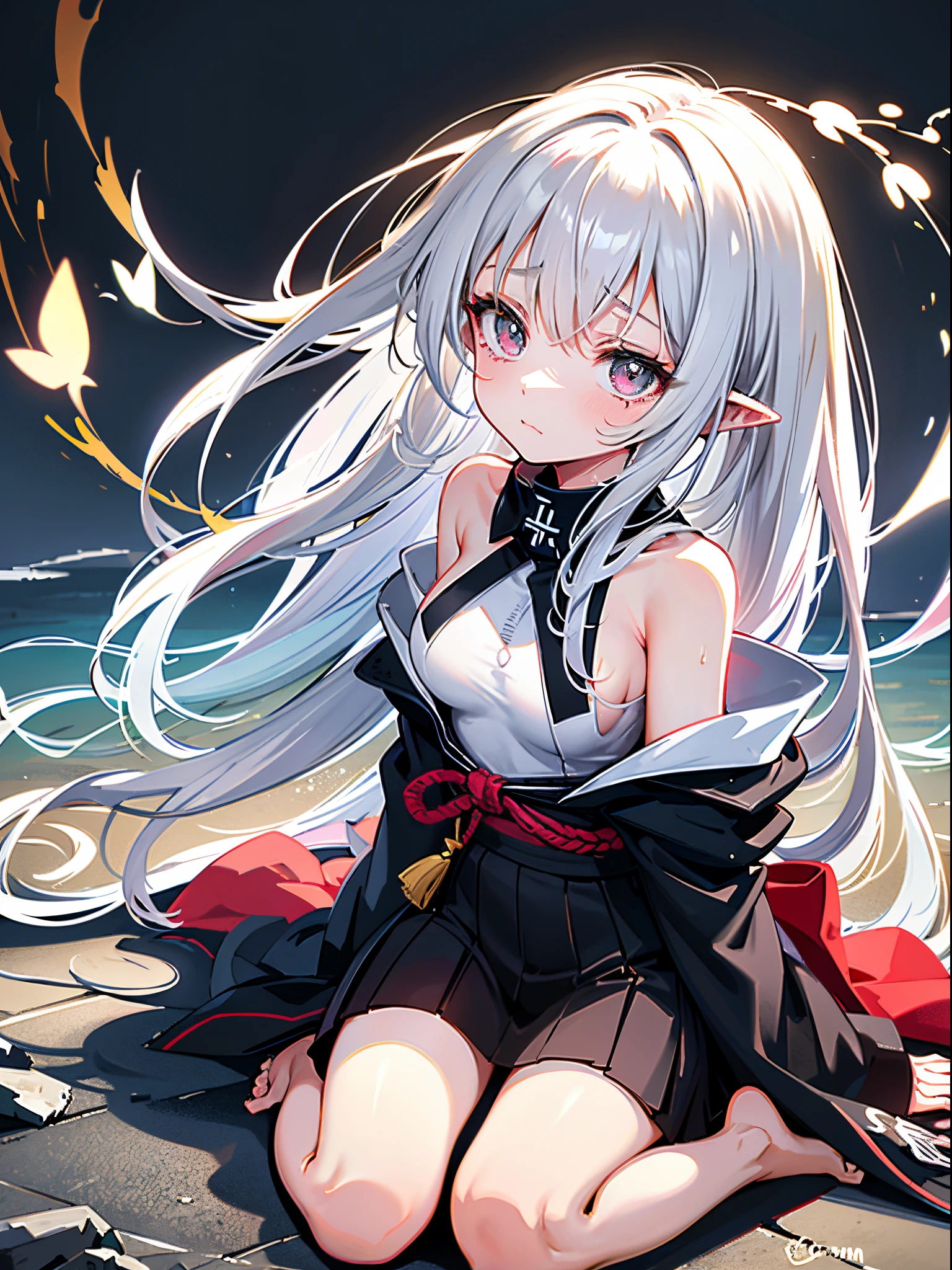 1 girl sitting on the ground crying, Her clothes were torn, mediuml breasts,  Broken underwear,There are  on the body， white liquid hanging on legs, hair messy, There are scars on the arms, The barefoot, Colorful hair, vacant eyes, teardrop, Water-colored eyes, streaming tears, pointy ears, the shy, Be red in the face, sad, Keep your mouth shut, saliva marks, Japanese cartoon, spark of light, Trilateral view, from the above, From the side Side, bokeh, F/2.8, Nikon, retinas, Best quality at best, A high resolution, super detailing, 8K