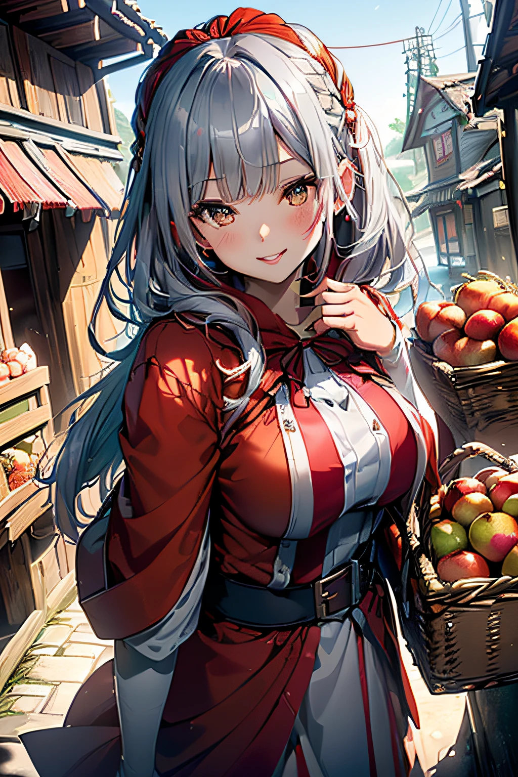 (ukiyoe painting:1.3),(3D Animation:1.3),(Costumes in the style of fantasy),(Grimm fairy tale world),(Little Red Riding Hood,Little Red Riding Hood,red riding hood:1.3),(farmhouse entrance:1.3),(red little red riding hood:1.3),(((Red Tunic:1.3))),(((apples and bread in the basket),Cute and beautiful girl,Cute round face,Cute smile,with blush cheeks,Red Lip,(silver white hair,Floral braided headband,half up、Floral Braided Space Van,Voluminous Fishtail Braids,Twisted chignon,),(Bangs are see-through bangs),hair pin,hair adornments,detailed clothes features,Detailed hair features,detailed facial features,(Dynamic angles),(Dynamic and sexy poses),clothes that emphasize big breasts,Cinematic Light,(masutepiece,top-quality,Ultra-high resolution output image,depth of fields,intricate detailes,Make the subject look three-dimensional with the contrast of light and shadow,) ,(The 8k quality,Anatomically accurate facial structure,),(Sea Art 2 Mode:1.3),(Image Mode Ultra HD,)