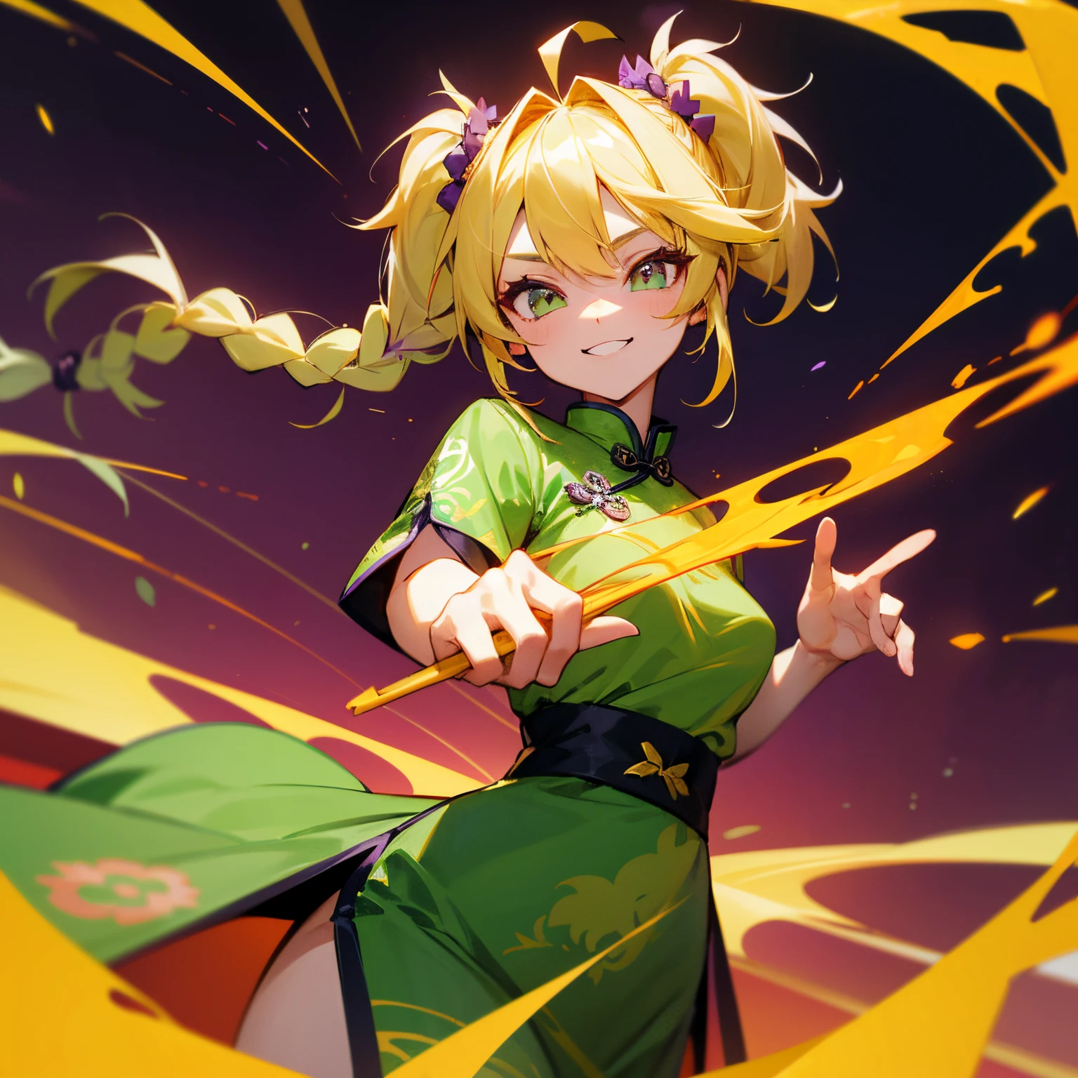 a beauty girl,Blonde twin tails and braids,Ahoge,The eyes are mainly green with some purple mixed in.,The green cheongsam has a dragon pattern,Flame background,Mahjong Table,Vtuber,Two-dimensional girl,Inappropriate smile,