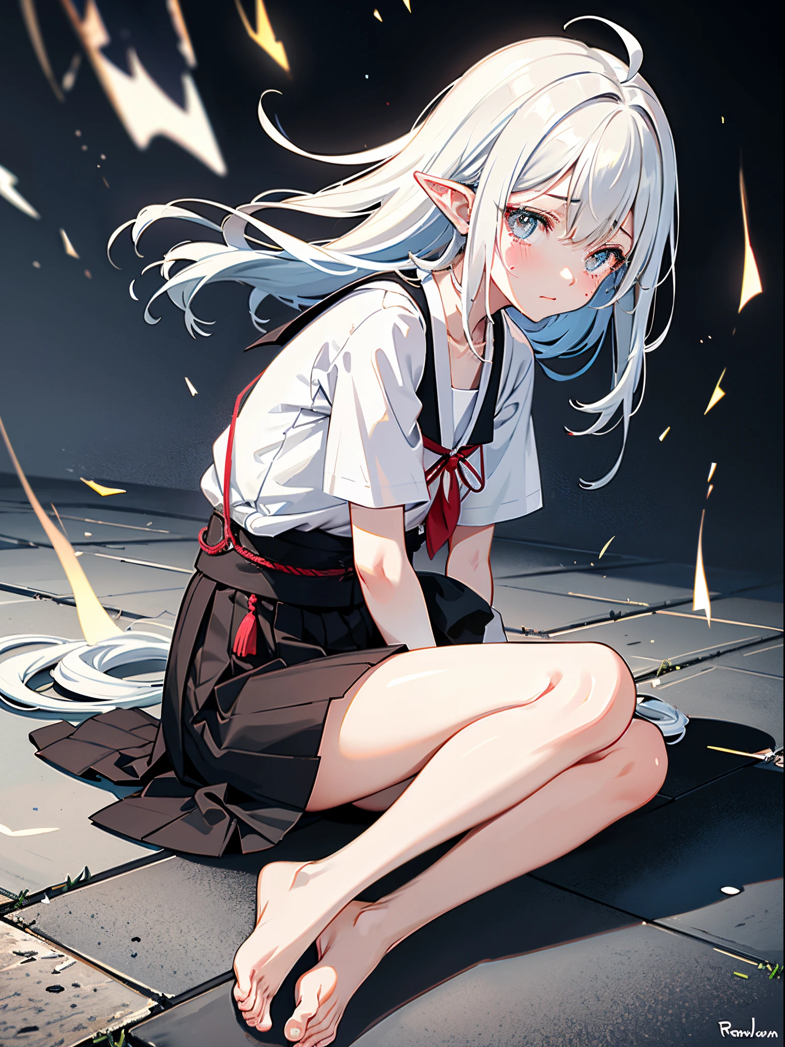 1 girl sitting on the ground crying, Her clothes were torn, mediuml breasts, Broken underwear,There are on the body, white liquid hanging on legs, hair messy, There are scars on the arms, The barefoot, Colorful hair, vacant eyes, teardrop, Water-colored eyes, streaming tears, pointy ears, the shy, Be red in the face, sad, Keep your mouth shut, saliva marks, Japanese cartoon, spark of light, Trilateral view, from the above, From the side Side, bokeh, F/2.8, Nikon, retinas, Best quality at best, A high resolution, super detailing, 8K
