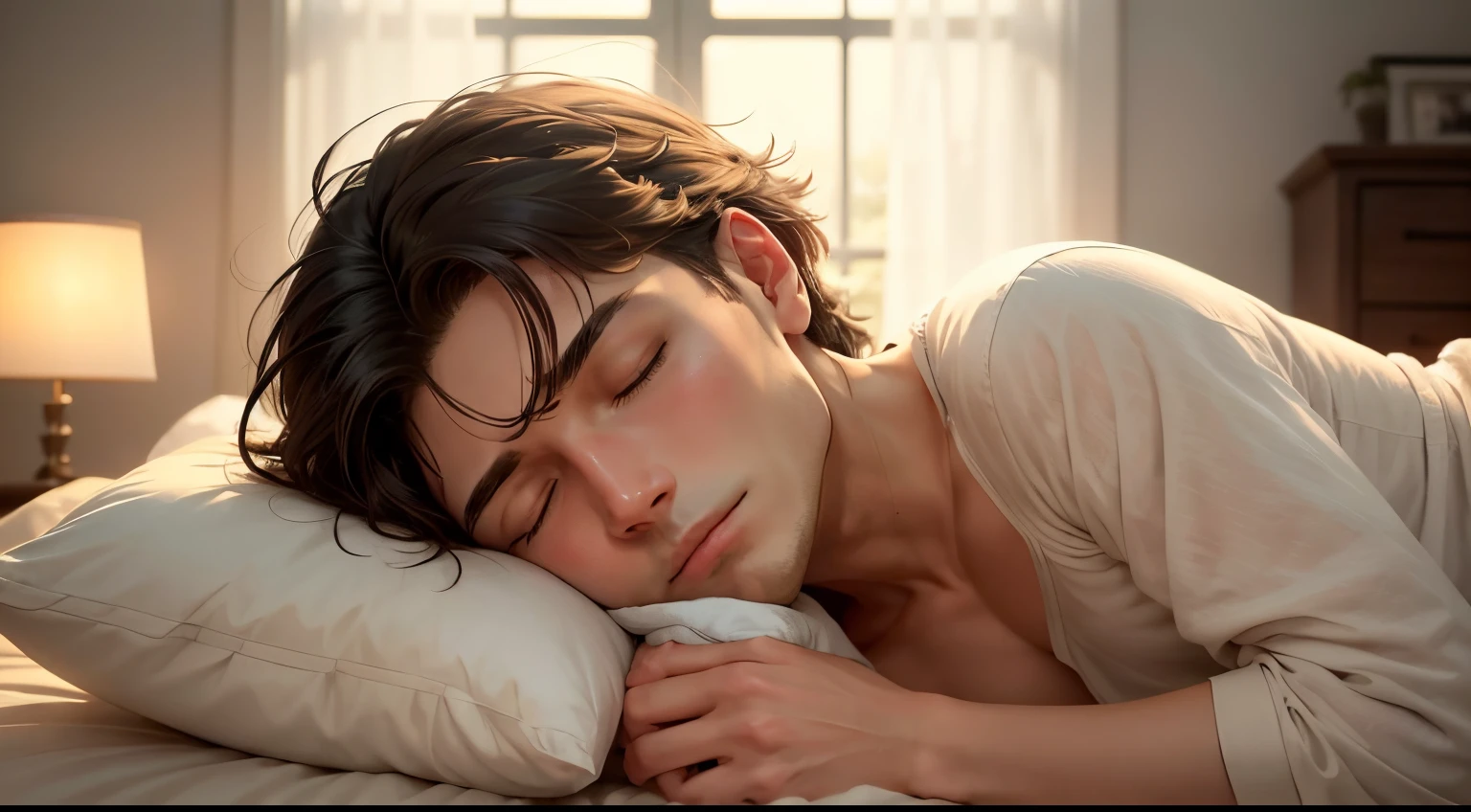 Create a serene and peaceful video capturing the ambiance of a man peacefully sleeping in his bedroom at night. The room is dimly lit by a soft bedside lamp, casting gentle shadows across the walls. Outside the window, the moon's soft glow filters in, adding a tranquil atmosphere to the scene.The man, dressed in comfortable sleepwear, lies in bed, softly breathing as he drifts into slumber. Focus on subtle details like the rhythmic rise and fall of his chest, the gentle movement of the sheets with each breath, and the serene expression on his face as he dreams.Use calming visuals and ambient sounds to evoke a sense of tranquility – perhaps the distant chirping of crickets or the soft rustling of leaves in the night breeze. Incorporate gentle camera movements that pan across the room, highlighting elements like family photos on the nightstand or a flickering candle casting a warm glow.