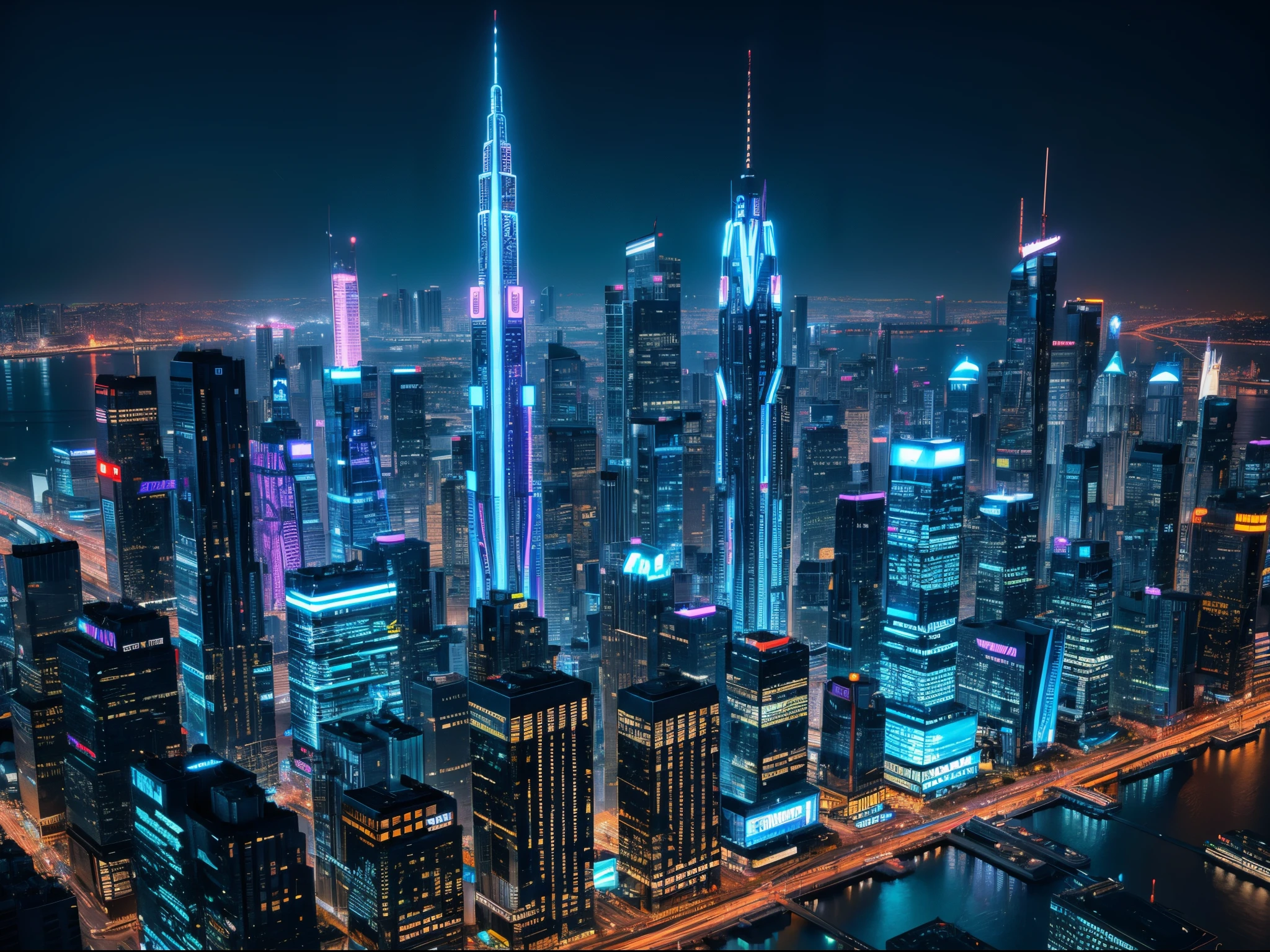 Generate a futuristic cityscape resembling the works of artist Syd Mead, featuring towering skyscrapers made of pulsating energy, surrounded by flying vehicles and neon lights.