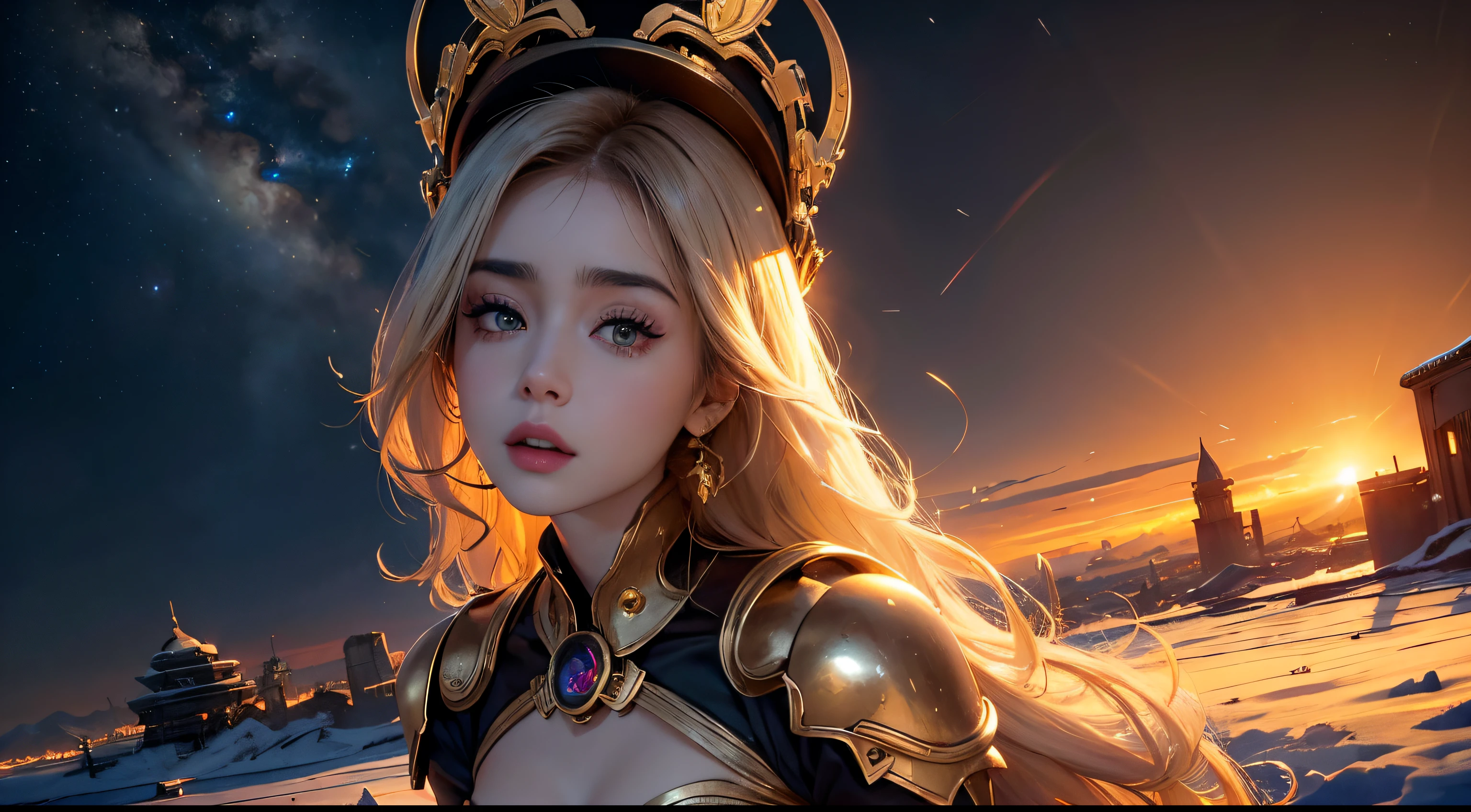 Lily Collins,realistic visual effects,attractive beauty,dramatic contrast,gentlesoftlighting,Delicate and warm,the soft light,hyper HD, Extremely colorful,best quality,perfect women figure,HighDynamicRange,long eyelasher,Unbeatable masterpiece,Snow-whiteskin,putting makeup on, Sexy goddess,Large metal mechanical gears,Strange sky,8K high image quality,A pair of big eyes are beautiful and moving,white skinned,cosmetics,Sexy Wear, 【Background with】big golden gear,Doomsday ruins,Giant tornado,The sunset burns the clouds,multiple planets,The end of the world,multiple planets,Maz,Jupiter,Lightning Thunder, mercury,Strange sky,