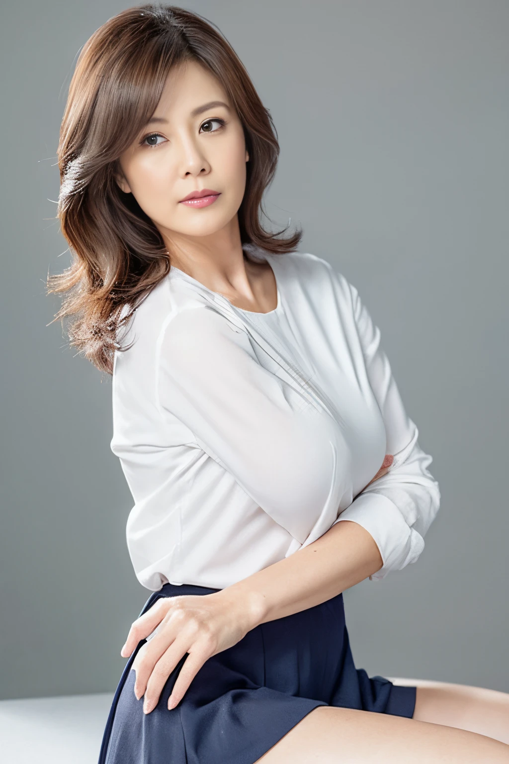 Pale solid color background,masutepiece, Best Quality, Photorealsitic, super detailed skin, Sharpen, Perfect Anatomy, Anatomy, japanese mature, 独奏, 45 yers old, Large breasts, Plump body, Keep your mouth tightly closed, Serious look,Female Teacher, glamor, A sexy, Chromo-white skin, erect through, From thigh to head, White blouses,Navy blue skirt, Staring at this, Looking at Viewer