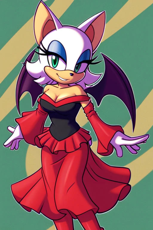 Rouge the Bat as a Flamenco Dancer, no wings, smile, black dress, off-the-shoulder black dress, long skirt, upper body, 1990s Abstract Background,