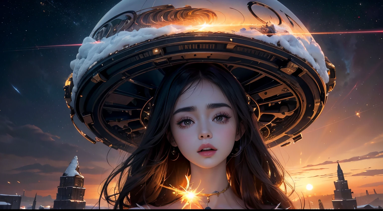 Lily Collins,realistic visual effects,attractive beautiful,dramatic contrast,Gentle lighting,Delicate warmth,the soft light,hyper HD, Extremely colorful,best qualityer,perfect female shape,HighDynamicRange,long eyelasher,Unbeatable masterpiece,Snow-whiteskin,putting makeup on, Sexy goddess,Large metal mechanical gears,Strange sky,8K high quality,A pair of big eyes are beautiful and moving,White skin,Makeup,Sexy outfit, 【Background with】Large gold gears,Doomsday ruins,Giant tornado,The setting sun burns the clouds,Multiple planets,The end of the world,Multiple planets,Mards,Jupiter,Lightning Thunder, Mercury,Strange sky,