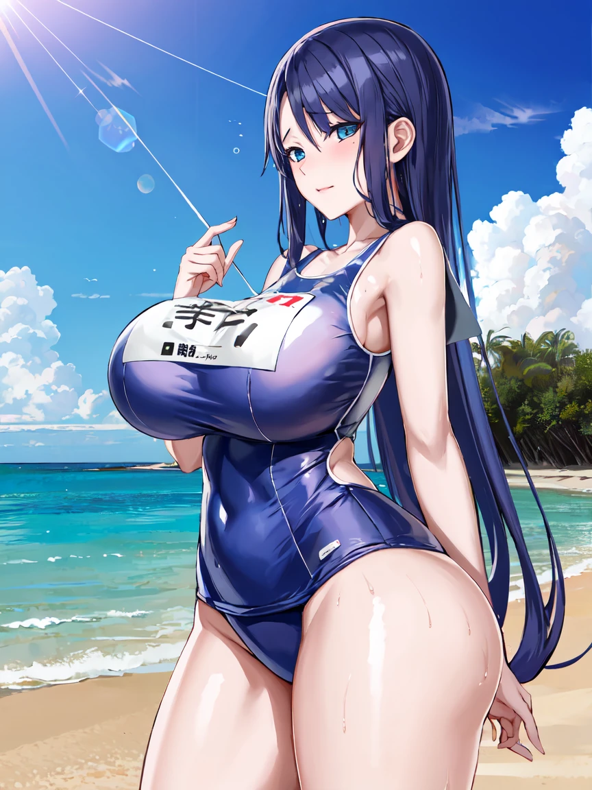 (masterpiece, best quality), high resolution, extremely detailed, (sexy:1.2), cinematic lighting,(Sexual expression:1.2), (Seductive Anime girl:1.3), (bold line:1.2), looking at viewer, cowboy shot, gradation, //, a cute girl, 1gril, , (solo:1.2), //, Semi-long soft waves hair style, beautiful blue hair, (beautiful eyes), (Perfect eyes:1.2), (Perfect iris:1.2), (SFW huge breasts), thick thighs, //, (one-piece school swimsuit:1.3), //, (droopy eyes:1.2), //, beach, tranquil atmosphere, //, sparkling effect, lens flare, shiny-glistening, shiny body, gleaming