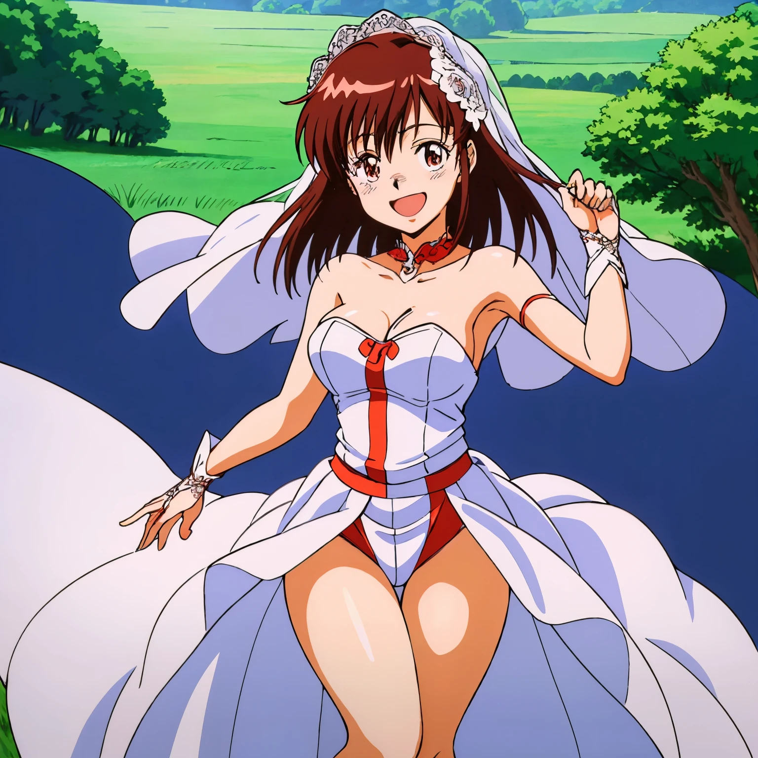 (Best Quality, High Definition, masutepiece:1.2,), Illustration, in the countryside、 1girl in, Full body, (wedding dress),  bride&#39;costumes have been released, blush, (((bride))), (((Top image quality))), ((The ultra-detailliert)),(Gainax style illustration), (Beautiful eyes) red blush, (grabbing her own breasts)), Opening Mouth, A smile, Alice\(Nicke\), (Bride Costume 1.3), masutepiece,Best Quality,Solo, thighs thighs thighs thighs,Smile,Open mouth, Noriko Takaya,1girl in, Medium Hair,Brown hair,Brown eyes,